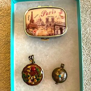 Pill box and one gold pendant, sterling pendant